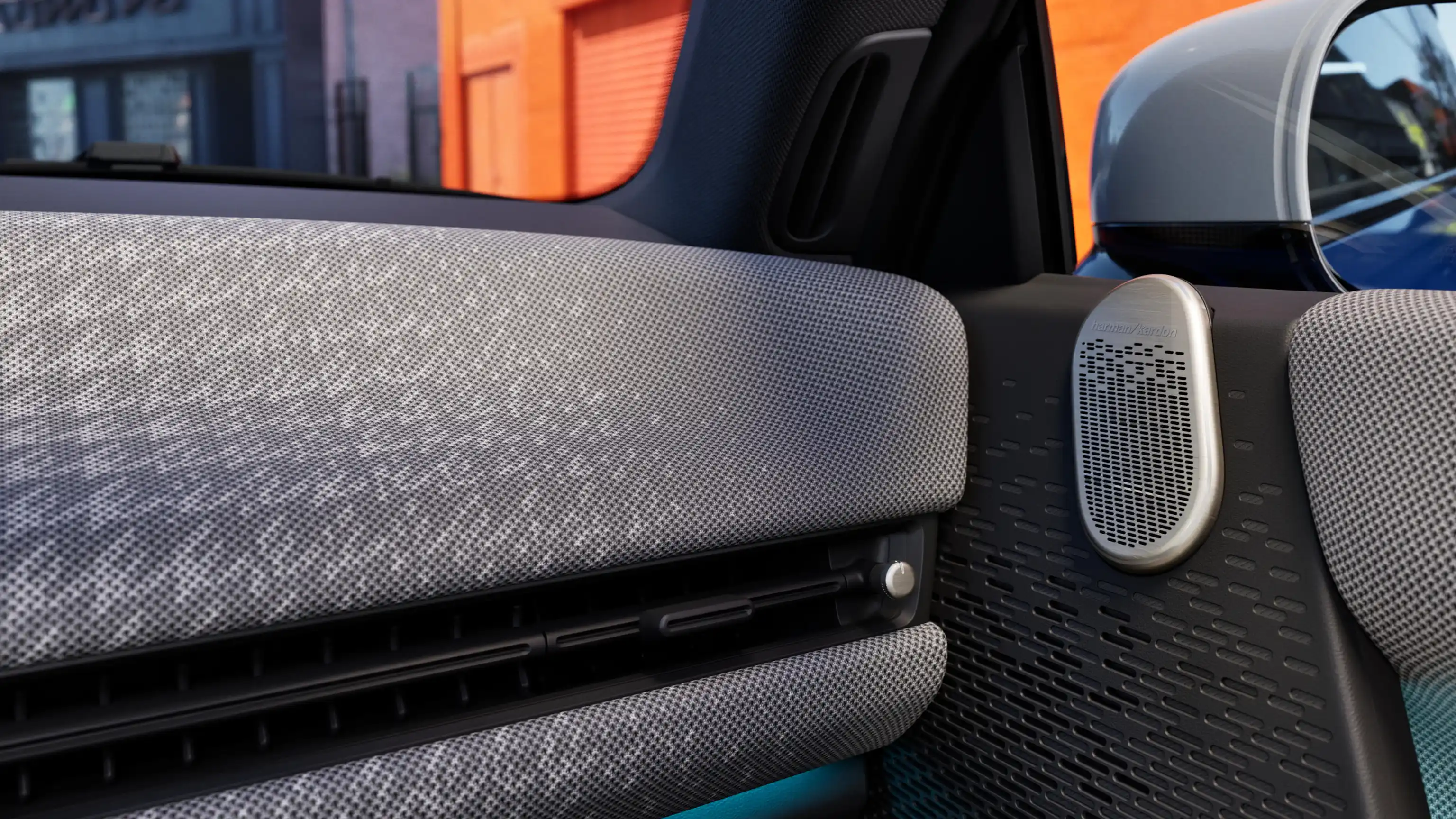 Detail view of the all-electric MINI Cooper dashboard in grey