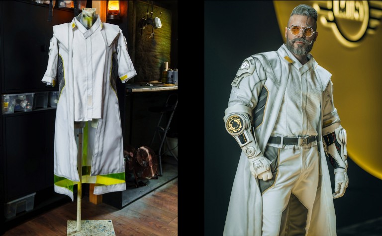 Коллаж из трех изображений, на которых изображен костюм ученого Эммета и косплей Мола в образе персонажа.