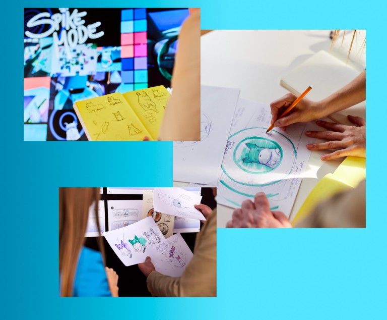Collage of three pictures which show sketches of the Spike which is used within the “Spike mode”. 
