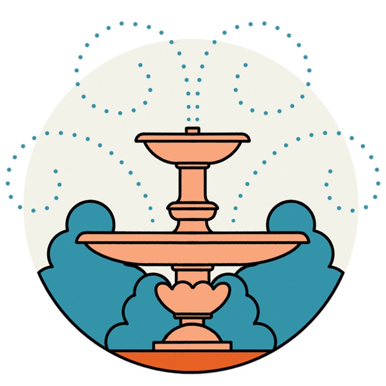 Illustration of a fountain that symbolizes the point “reduced water consumption”.
