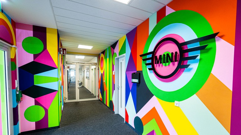 A look into the colorful hallway of the MINI Headquarter in Munich, Germany.