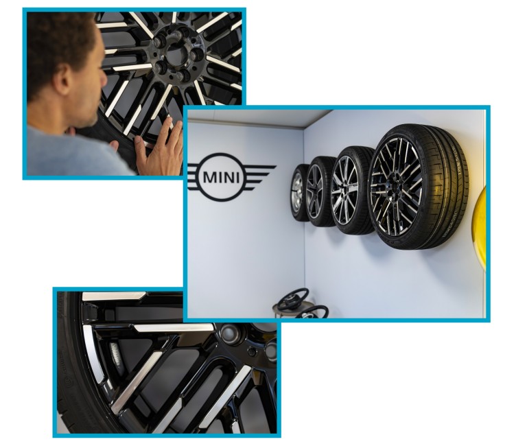 Oliver Heilmer, Head of MINI design, showing the rims. Four different rims on display. 