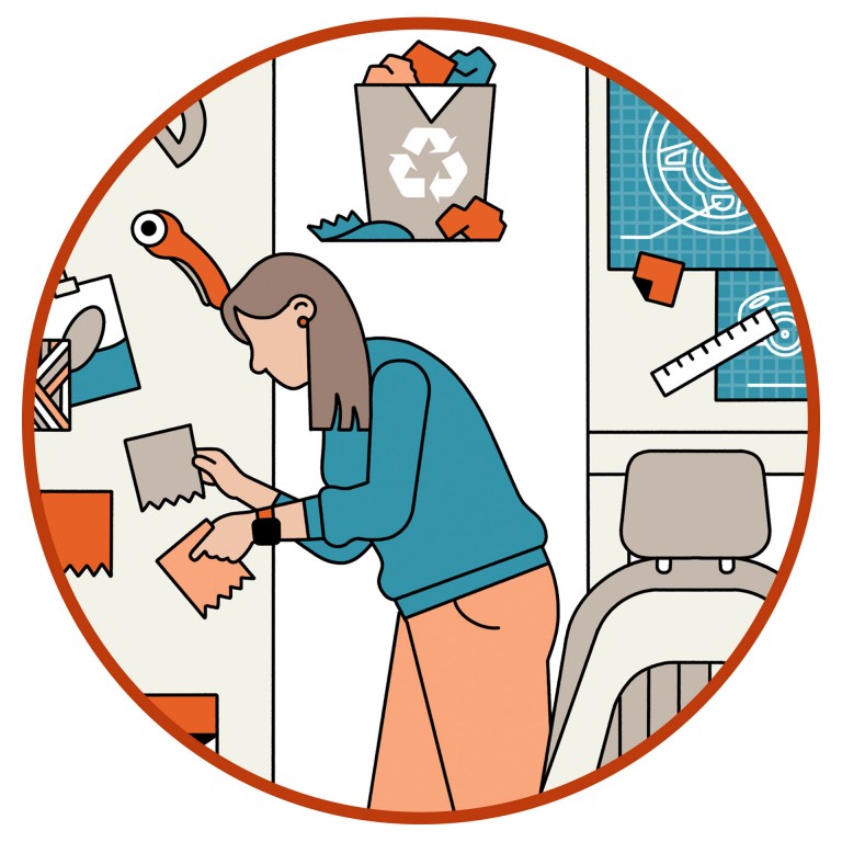 Illustration that shows a MINI interior designer who selects very thoughtful several materials. 