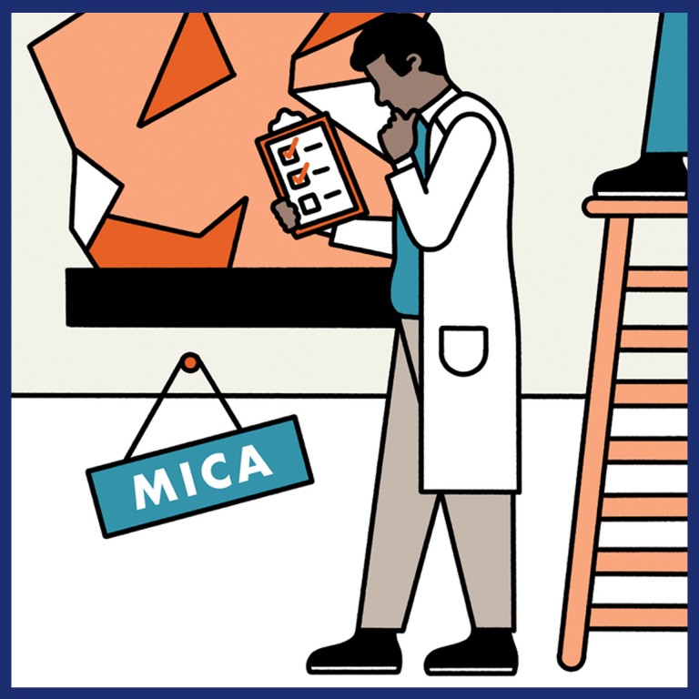 Illustration that shows a MINI employee who stands in front of a screen with a sketch of Mica.  