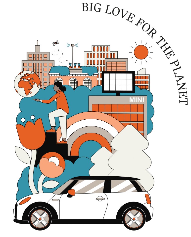  Illustration of several elements in a sustainable context which symbolize MINI´s claim BIG LOVE FOR THE PLANET. 