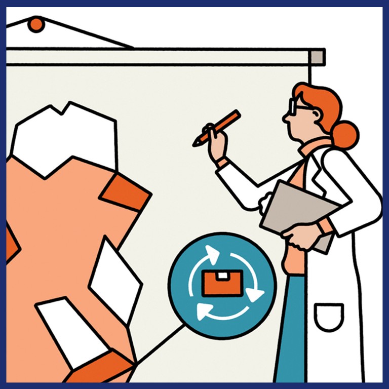Illustration of a MINI employee with a pen and tablet ready to record results of the study. 