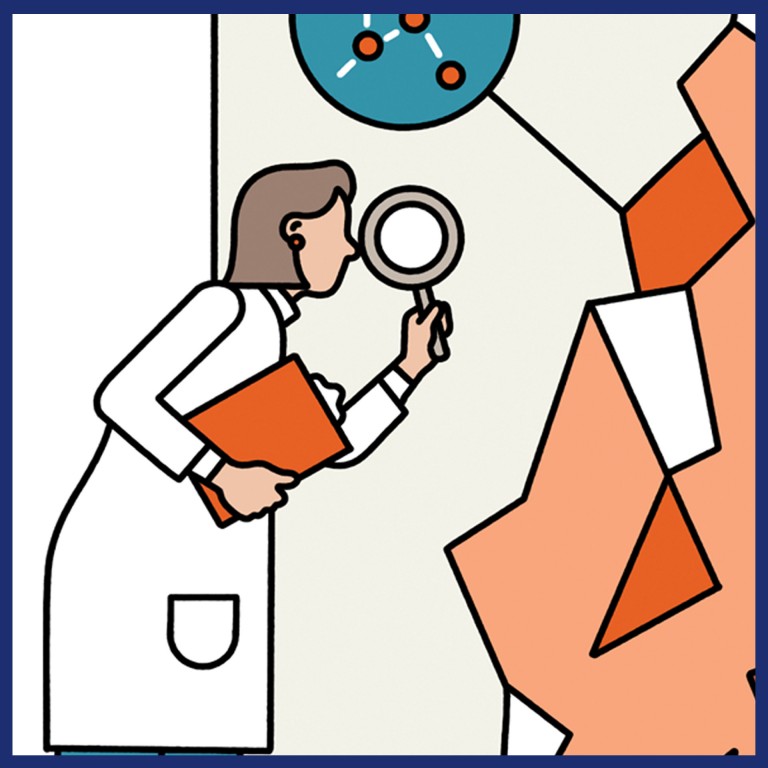 Illustration that shows a MINI employee with a loupe in front of a screen with a sketch of Mica.  