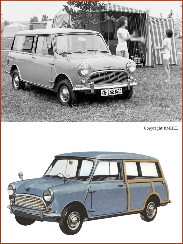 Черно-белое фото: черно-белая фотография Morris Mini Traveller. Иллюстрация ниже: Austin Mini Countryman.